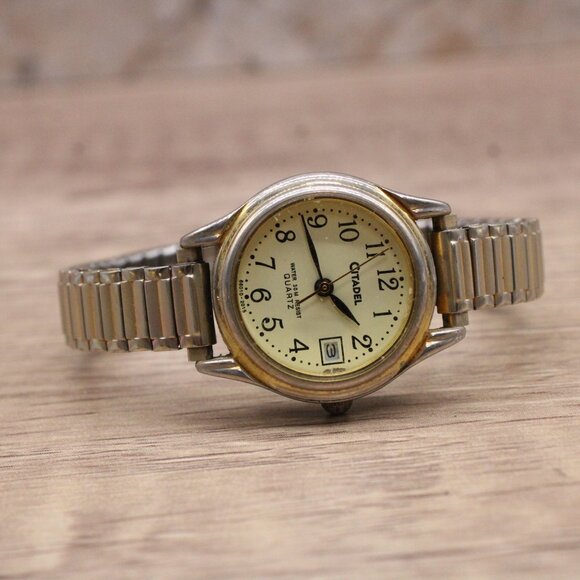 Vintage Citadel Watch Womens Gold Tone Stainless Steel Classic Beige Date Dial - Picture 5 of 8